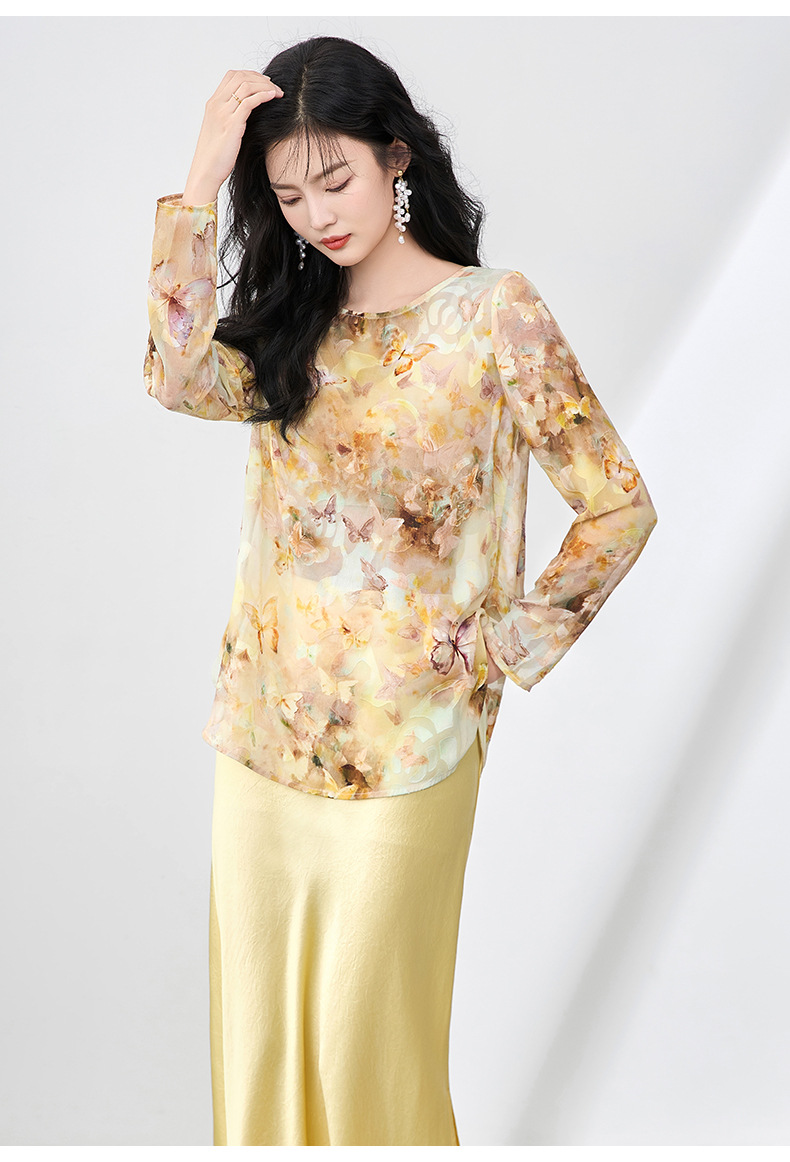Áo sơ mi cổ tròn phong cách Tân Trung Hoa, chất liệu voan cắt hoa thanh lịch, tay ngắn mùa hè — Hoa bướm màu hồng chi tiết 19