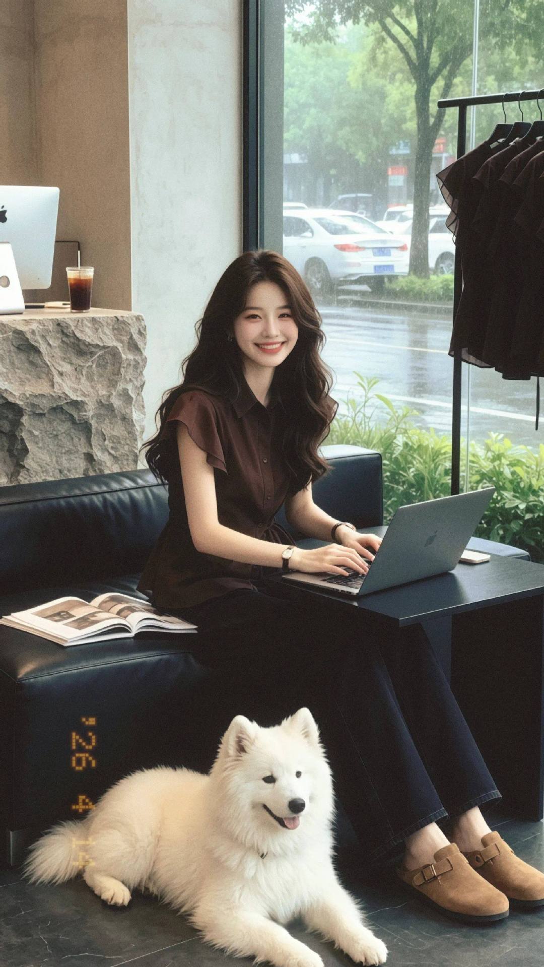 Áo sơ mi ngắn tay nữ màu cà phê, thiết kế thắt lưng eo, phong cách thời thượng — Màu ảnh chi tiết 4