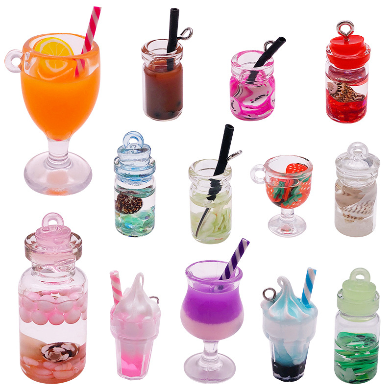 Mezcla 10 helado taza de jugo de leche taza de té botella de vidrio colgante 10x24mm DIY bolsa llavero Accesorios
