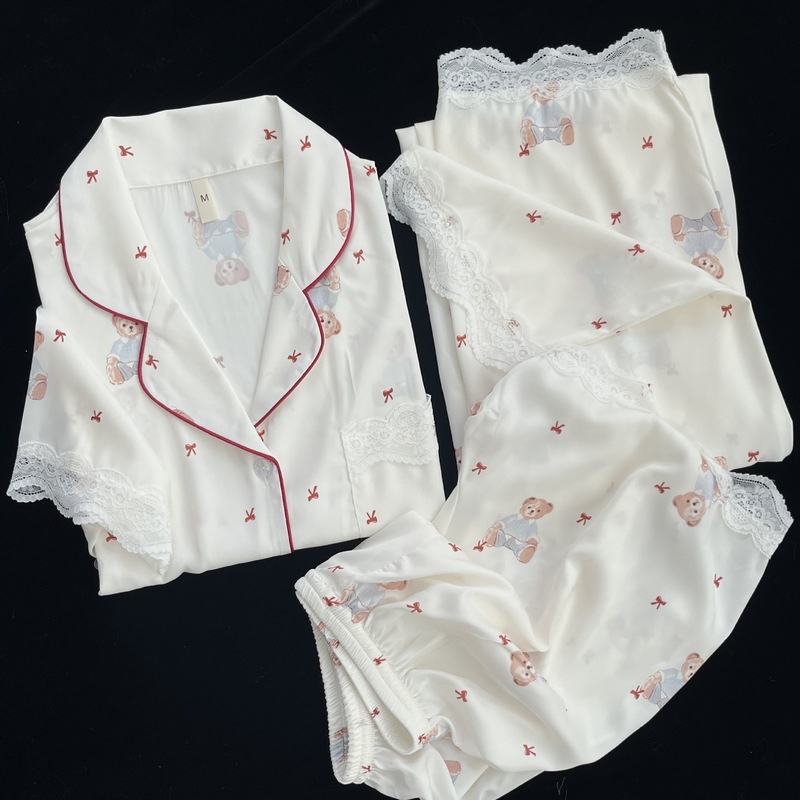 [good night bear] summer new pajamas women's acetic acid fabric short sleeve trousers three-piece cute wind home clothes