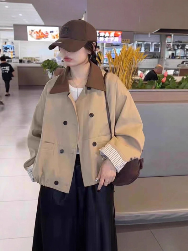 翻领撞色拼接双排扣风衣外套女2025秋装新款休闲宽松时尚夹克上衣|undefined
