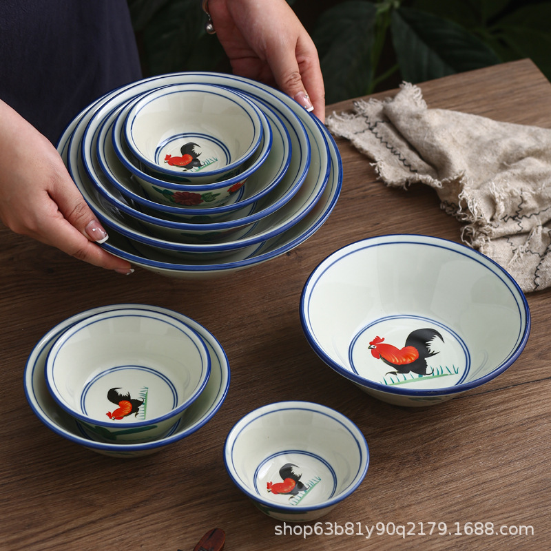 Old-Fashioned Retro Ceramic Rooster Bowl Household Large Chicken Bowl Restaurant Noodle Bowl Ramen Bowl Noodle Shop Special Tableware