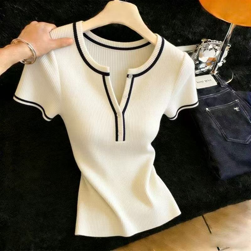 Áo thun nữ cổ chữ V tay ngắn chất liệu len lạnh form rộng — trắng chi tiết 4