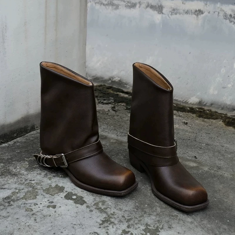 Панк-стрит, ретро, цветные полированные ботинки martin, женские рваные ботинки с квадратным носком, 2025 г., короткие сапоги с металлическими трубками для хранения, ботинки в стиле вестерн