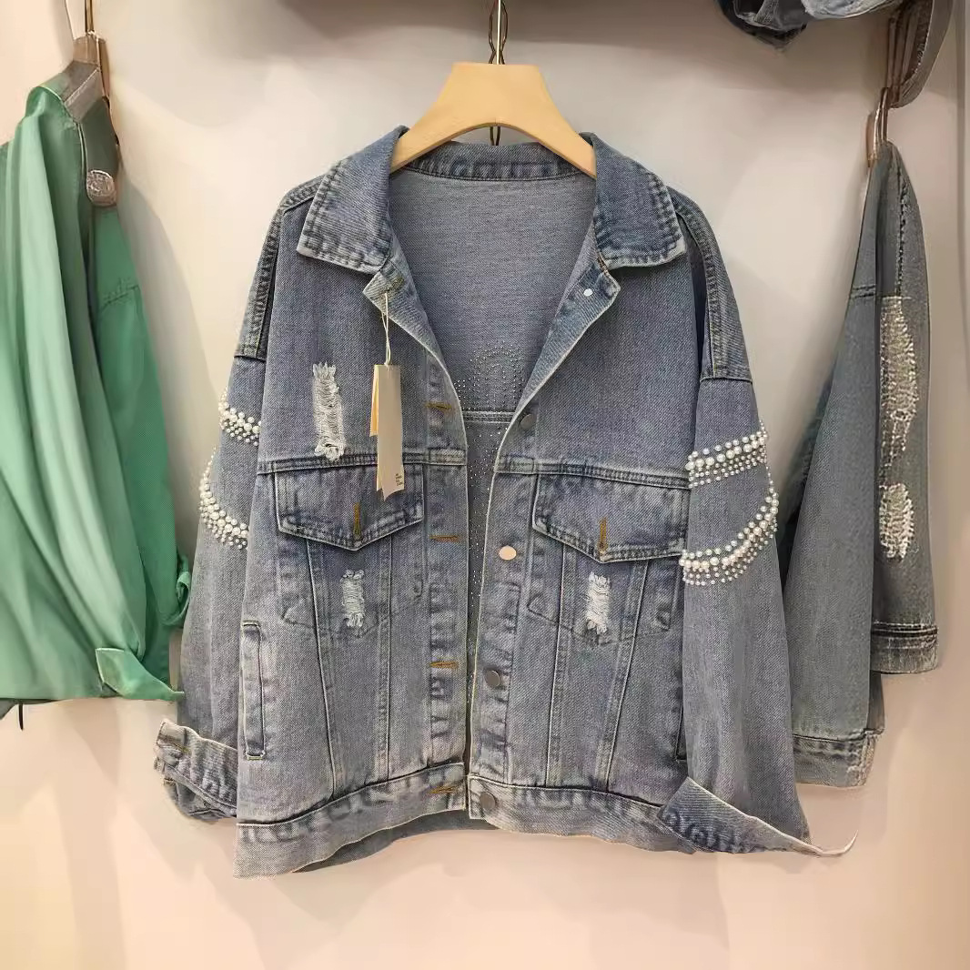 Women's Clothing autumn new beaded denim jacket loose pearl embroidery short top jacket female trend_voghion.com