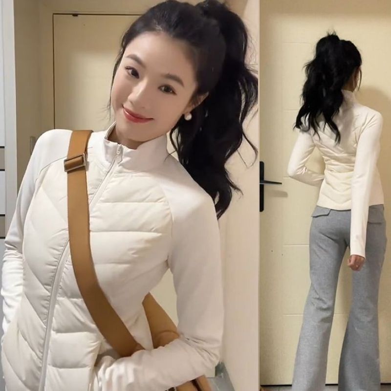 White Ribbed Slim-Fit Lightweight down Jacket Liner for Women, Winter Inner Top, Waist-Cinching Sports Yoga Coat