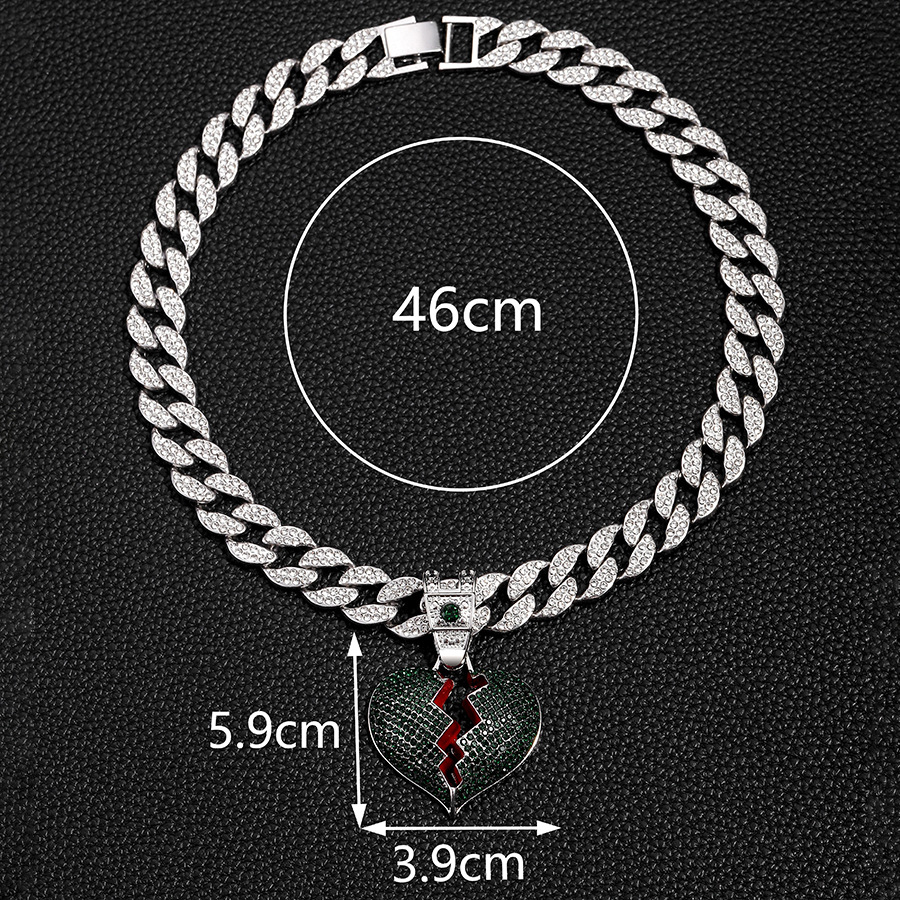 Street hip-hop style, personalized dark green split heart pendant, 15mm watch buckle, Cuban necklace_voghion.com