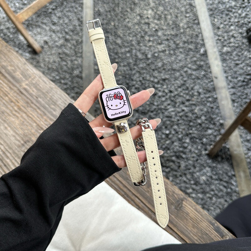 Suitable for Apple Applewatch Watch S10 Genuine Leather Strap Iwatch9Se Double Circle Kt Cat Chain Fine Model 11Th Generation