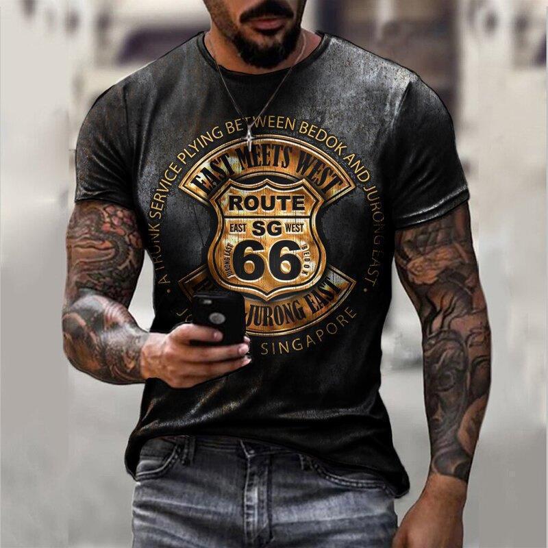 Cross-border Hot Selling Route 66 Men's T-Shirt 3D Print Fashion Trend Printed Short Sleeve Summer Round Neck Top