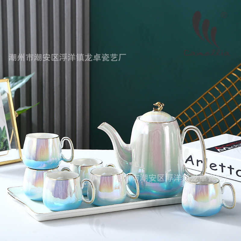 Pearl Glaze High-End Simple Accessible Luxury Dolphin Pot Lid Fruit Tea Scented Tea Cold Water Kettle Water Set Ceramic Water Set Gift Set
