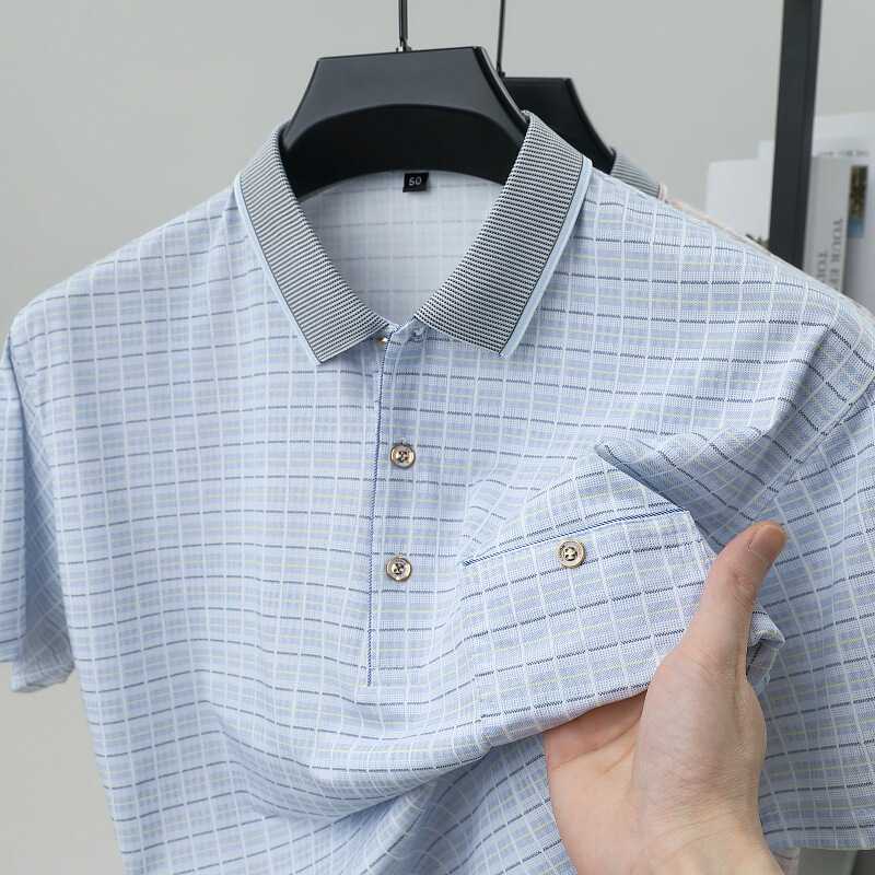 Ice Silk Summer New Middle-aged Men's Short-sleeved Breathable Cool Sense Real Pocket Loose Polo Shirt Men's T-shirt with Hair