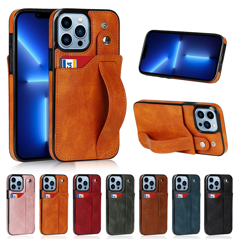 iPhone15 back cover mobile phone case wrist strap for Apple 14 protective case 13 Pro card-inserting mobile phone leather case Wholesale