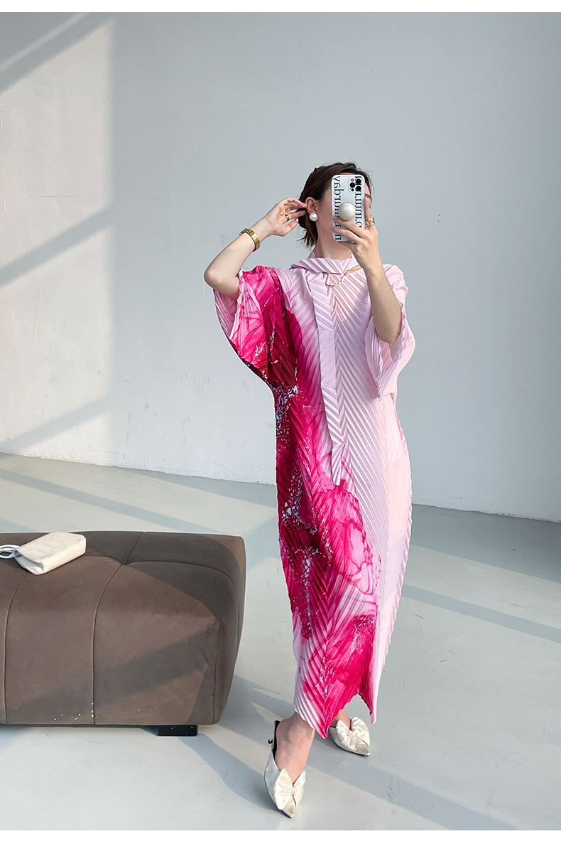 Váy maxi xếp ly in họa tiết cao cấp, chít eo thon gọn, phong cách thanh lịch — Màu xanh lam chi tiết 16