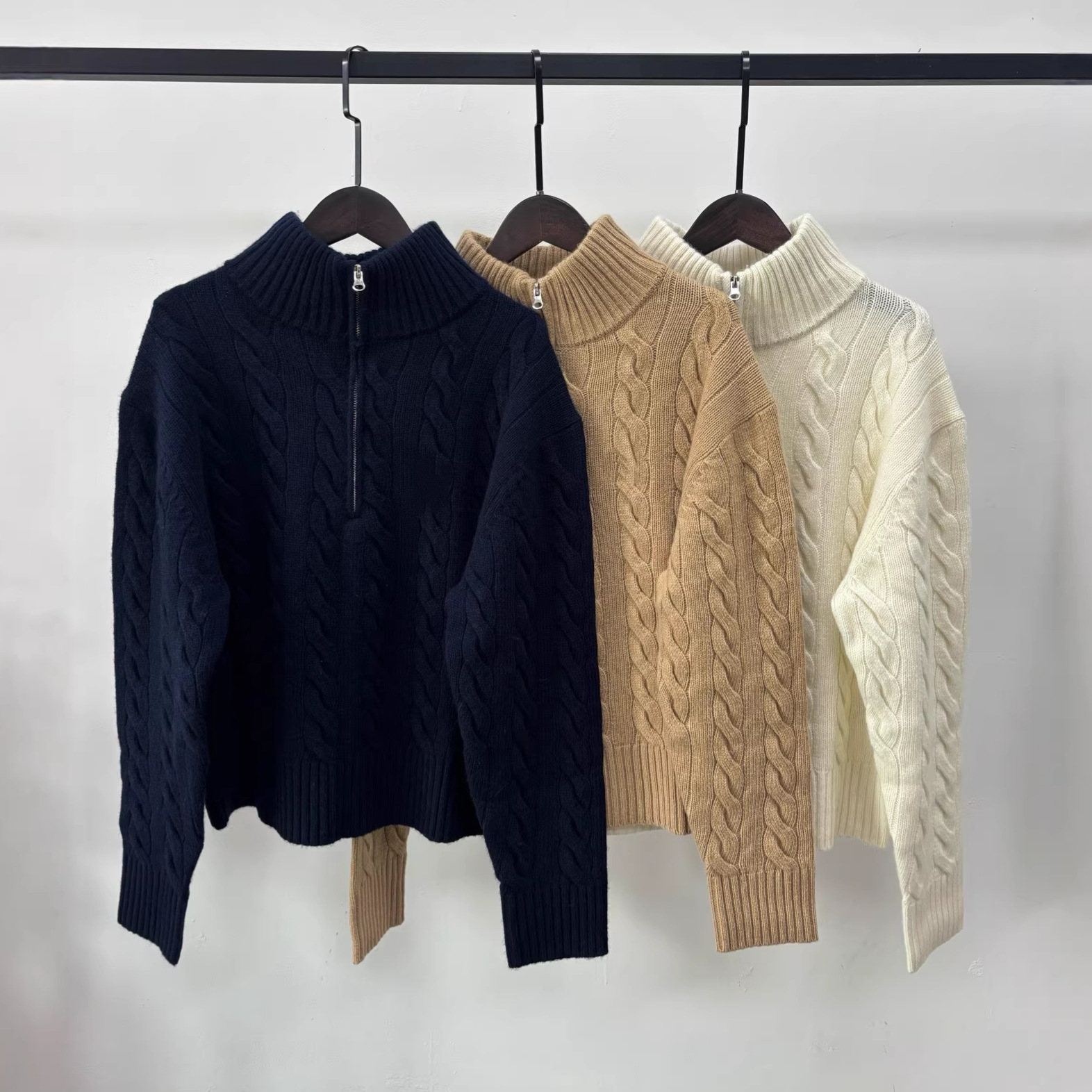 Autumn and Winter New Style Ralph Lauren Embroidered Half-Zip Sweater Cashmere Cable Knit Loose Stand Collar Wool Knitwear for Women