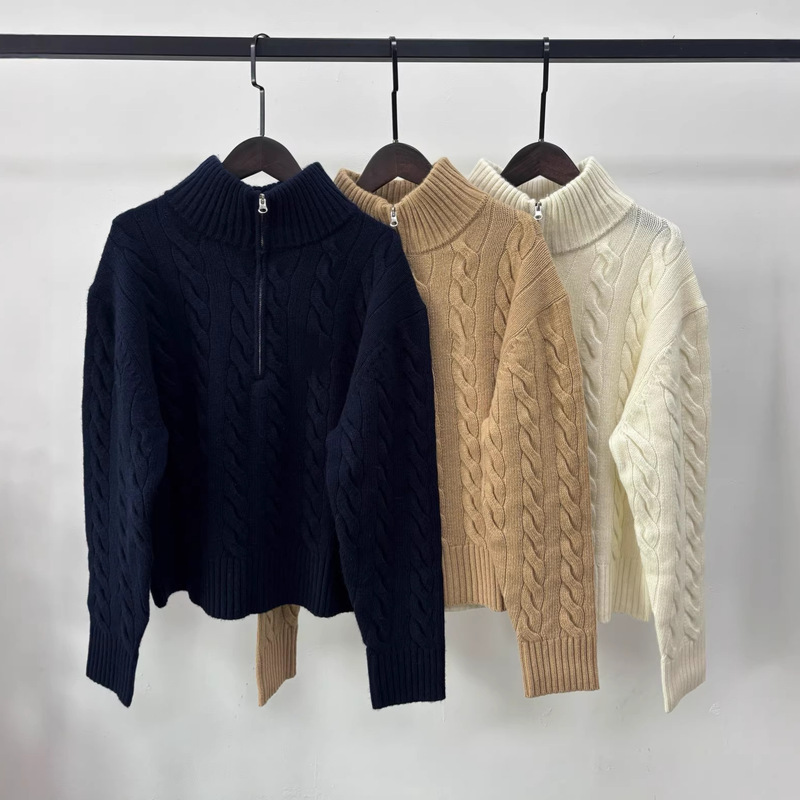 Autumn and Winter New Style Ralph Lauren Embroidered Half-Zip Sweater Cashmere Cable Knit Loose Stand Collar Wool Knitwear for Women Autumn and Winter New Style Ralph Lauren Embroidered Half-Zip Sweater Cashmere Cable Knit Loose Stand Collar Wool Knitwear for Women