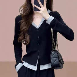 跨境大码女装秋季假两件拼接长袖T恤女遮肉显瘦v领打底衫内搭上衣