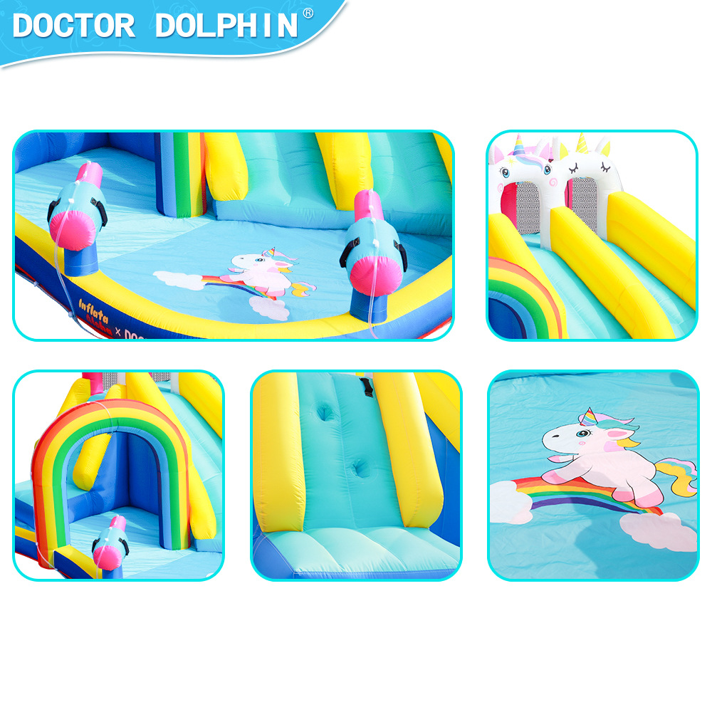 Doctor Delfín | Castillo inflable familiar para interiores con rociador de agua y tobogán doble, mini trampolín doméstico antideslizante