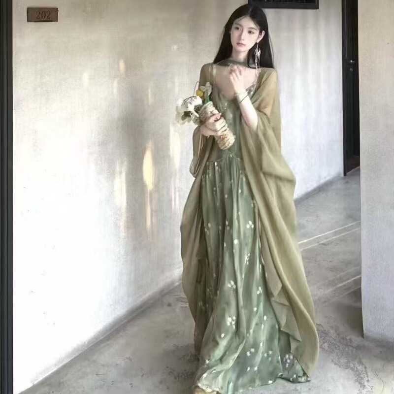 National Style New Chinese Style Cool Retro Floral Suspender Dress Elegant Long Dress Thin Cardigan Coat Two-Piece Set National Style New Chinese Style Cool Retro Floral Suspender Dress Elegant Long Dress Thin Cardigan Coat Two-Piece Set