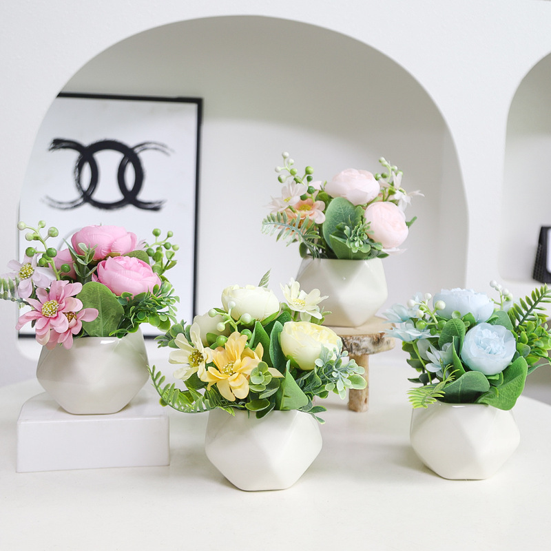 Peony Artificial Flowers for Living Room and Office, High-End Realistic Fake Green Plants, Small Potted Decorative Ornaments