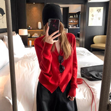 安可拉红长袖针织开衫女早秋季设计感韩系小众宽松毛衣内搭打底衫