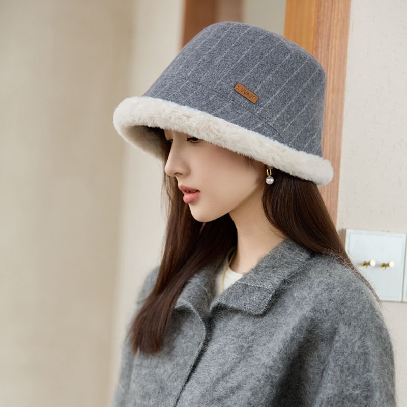 韩系休闲百搭帽子女秋冬季加绒加厚条纹水桶帽显脸小防寒保暖盆帽|undefined