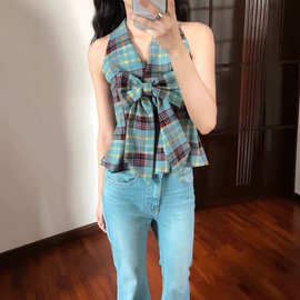 纯欲风 后背打揽 背心女夏季复小众设计感蝴蝶结挂脖短款上衣