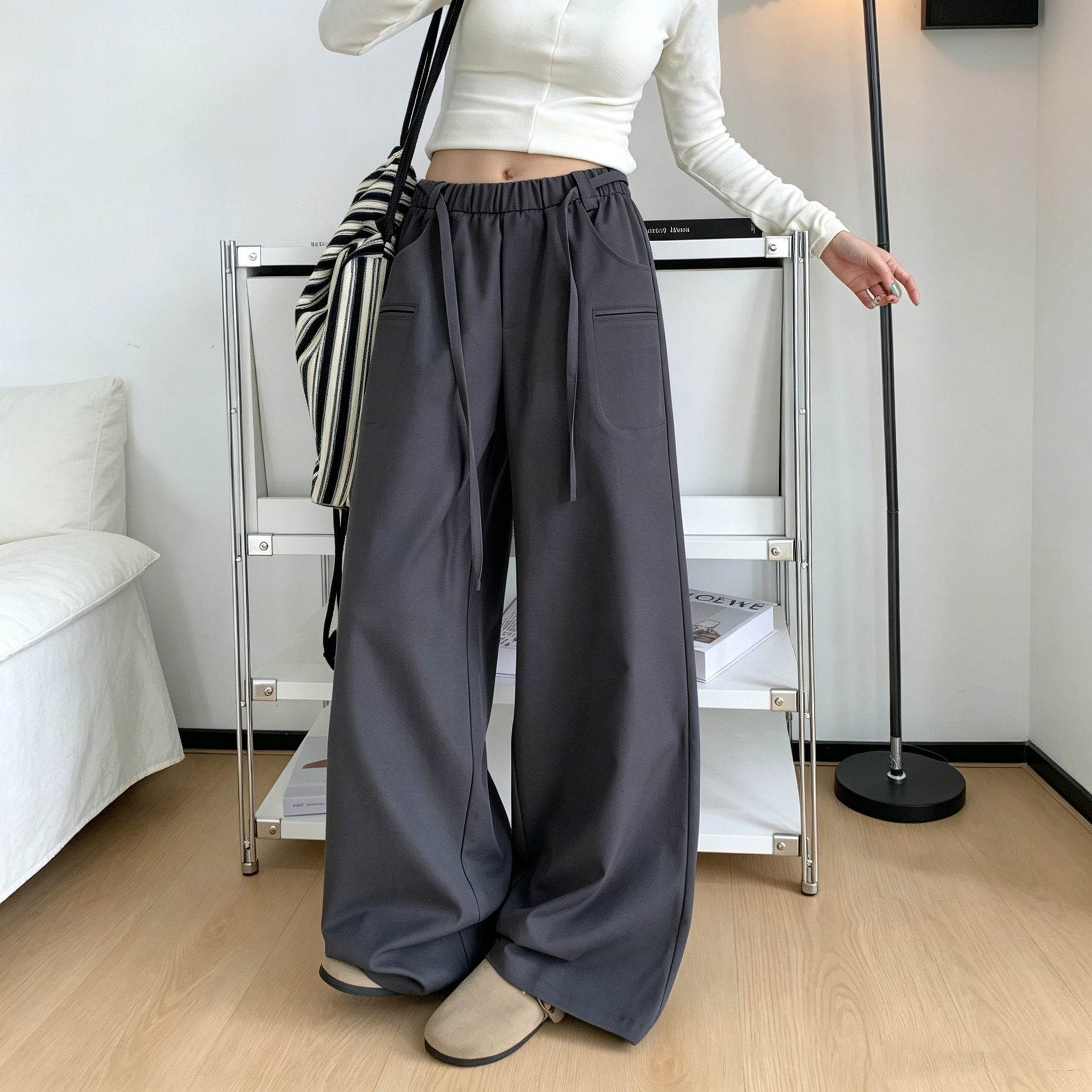 深灰色健身运动裤女2026秋季新款休闲直筒裤小个子高腰显瘦阔腿裤