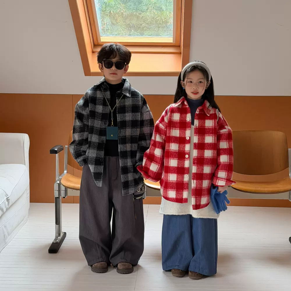 童棉服2025冬款男童女童韩版加绒格子呢大衣儿童中长款保暖外套
