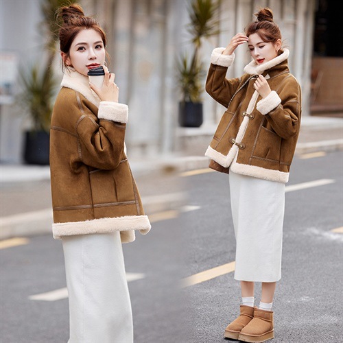 Red Brown Suede Lambswool Jacket for Women Winter Thickened New Small Fur All-In-One Motorcycle Jacket