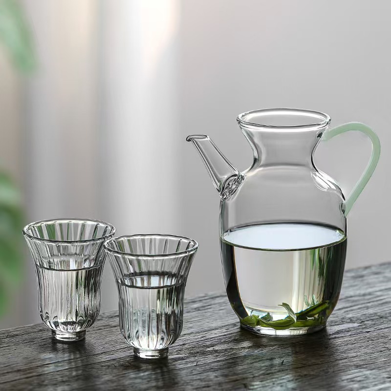Small morning green teapot with green jade handle + 2 flower god cups