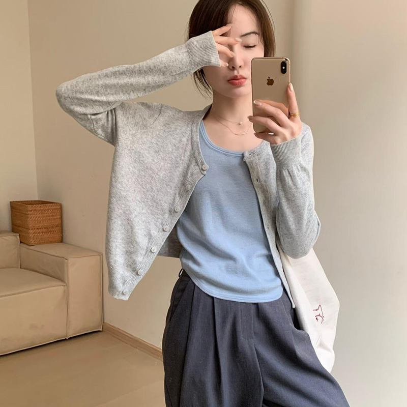 春秋季薄款小个子外搭长袖针织开衫上衣早秋chic红色毛衣短外套女|undefined