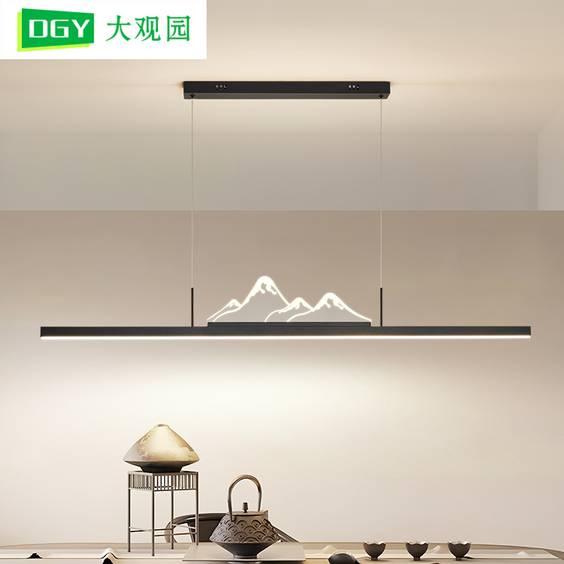 Lámpara de restaurante, nueva lámpara de araña de estilo chino con tiras largas, diseño moderno minimalista de montaña y luna, lámpara de araña para sala de té, iluminación Zhongshan para comedor 055L.