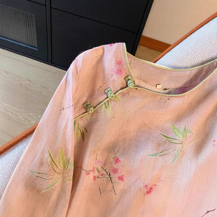 Improved National Style Printed New Cotton and Linen Loose Stand-Up Collar Splicing Cross Strap Pullover Loose T-Shirt Three-Quarter Sleeves