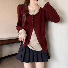 假两件酒红色正肩长袖T恤女2025早秋大码胖mm独特小衫不规则上衣