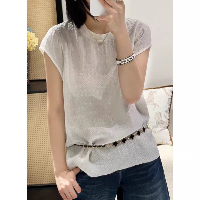 Nanyou 2026 Summer Style High-End Mulberry Silk Bubble Wrinkle Ribbed Collar Top, Ladylike Casual Versatile Short-Sleeve Shirt Nanyou 2026 Summer Style High-End Mulberry Silk Bubble Wrinkle Ribbed Collar Top, Ladylike Casual Versatile Short-Sleeve Shirt