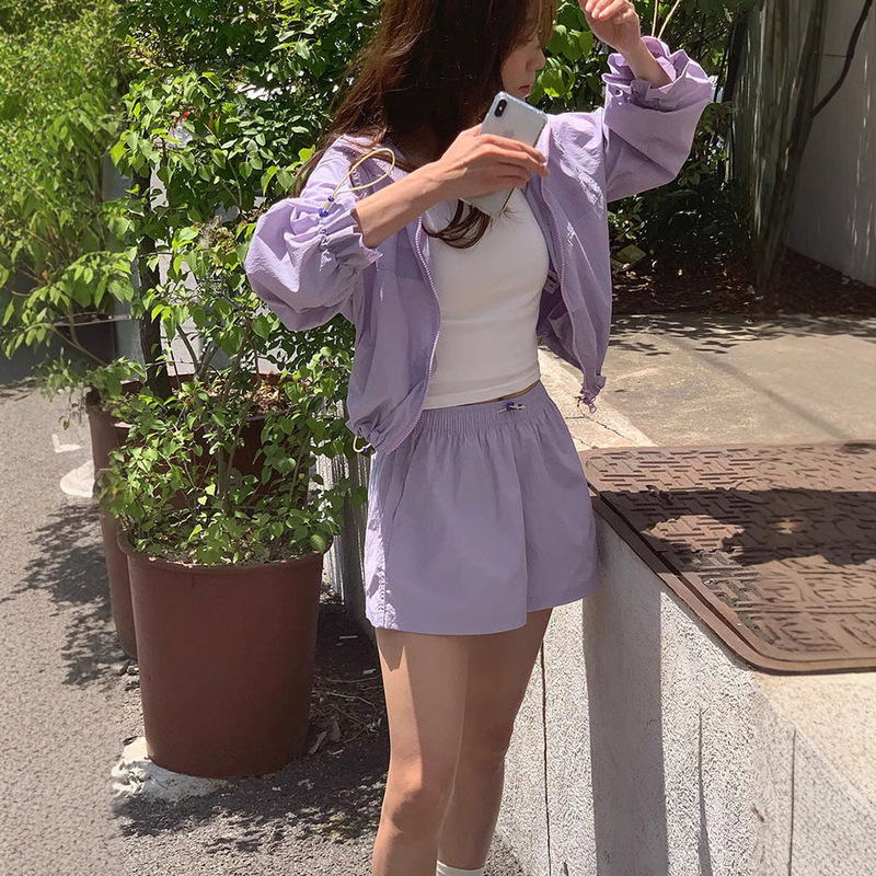 Now H taro purple hooded cardigan sunscreen shorts suit high-end Dongdaemun wear summer two-piece suit
