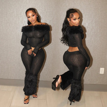 2025跨境欧美亚马逊新款 长袖一字肩上衣修身长裤 休闲女装两件套