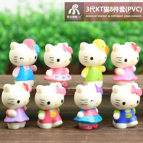 3rd Generation Cartoon KT Cat Kitty Cat Plush Toy Set of 8 Pieces Plastic Birthday Cake Scene Decorative Accent Model
