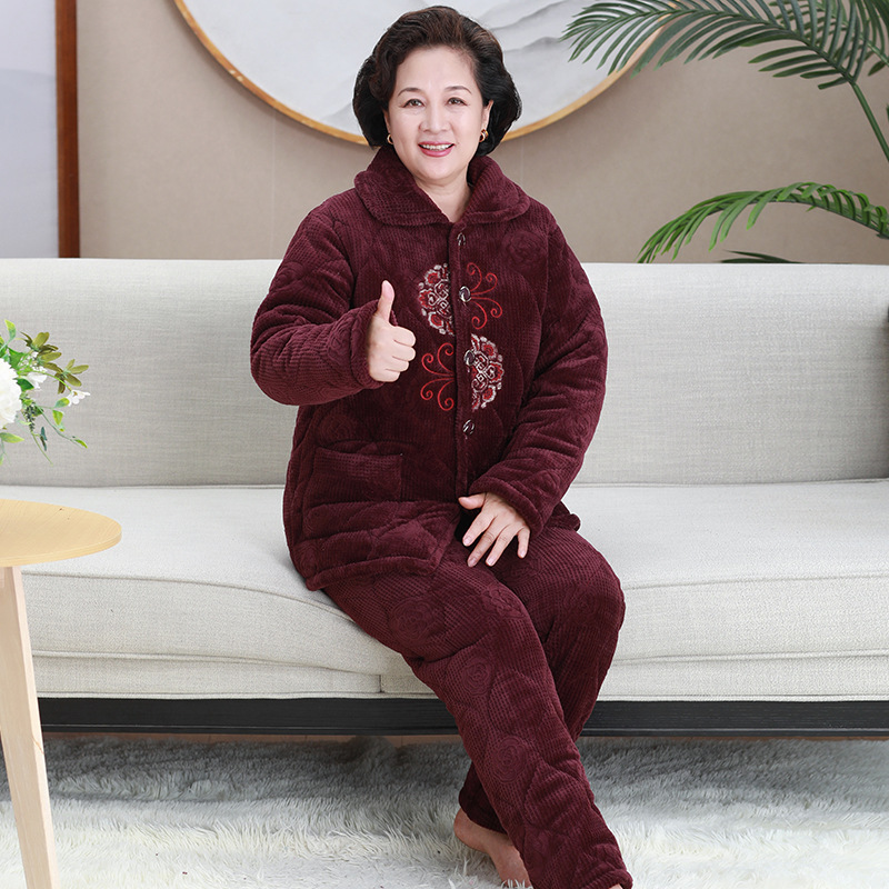 Middle-Aged and Elderly Women's Winter Pajamas Fleece-Lined and Thickeneded Coral Velvet Elderly Grandma Warm Suit Mother's Home Clothes