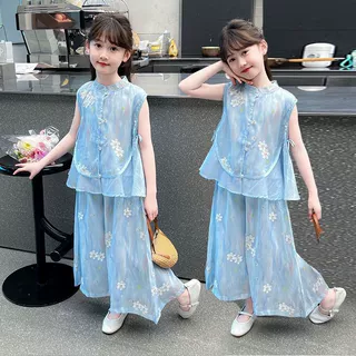 女童2025夏季印花无袖套装新款中式阔腿裤国风上衣两件套时髦潮款