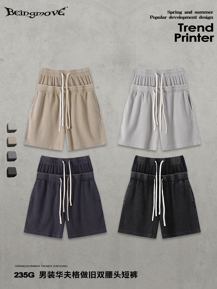 Calle secada| American Street West Coast Waffle doble cintura cabeza lavado con agua hace pantalones cortos viejos pantalones casuales sueltos para hombre