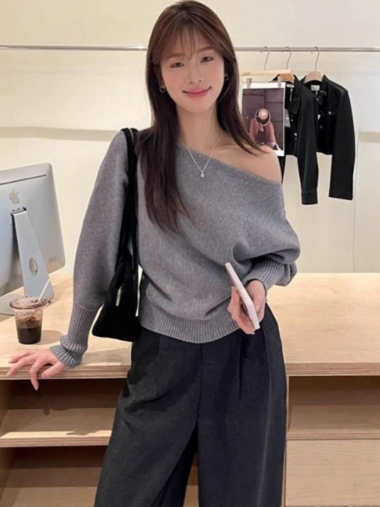 一字领露肩慵懒小众显瘦长袖上衣女高级感气质秋季韩系温柔针织衫|undefined