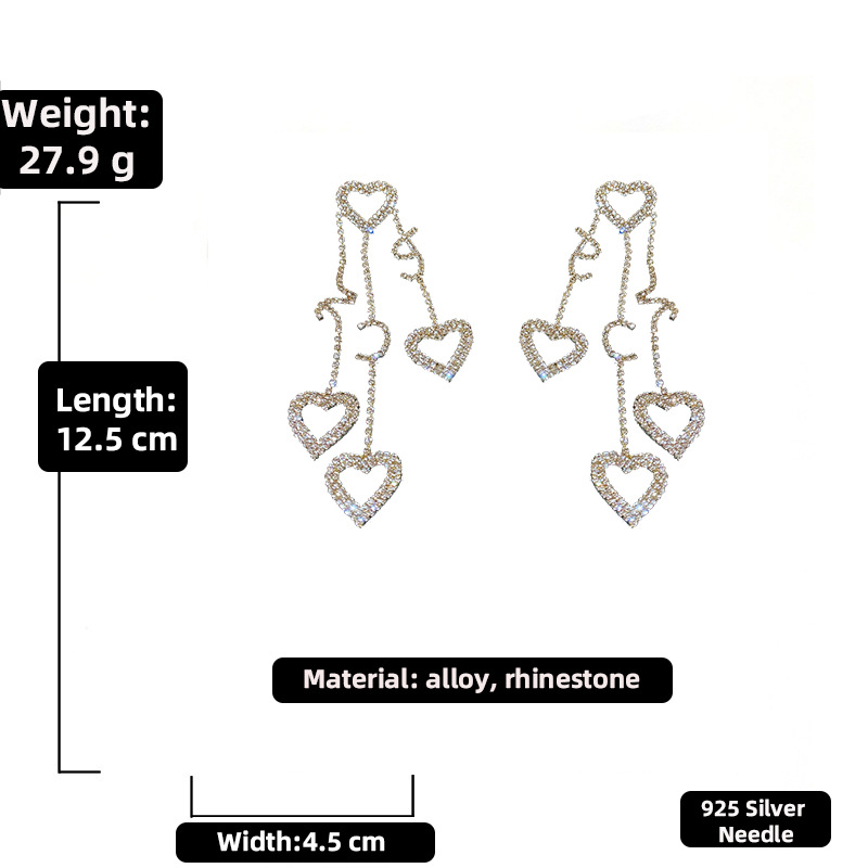 925 Silver Needle Exaggerated And Personalized Rhinestone-encrusted Love Long Tassel Earrings European And American Ins Fashion High Class Elegant Earrings display picture 2