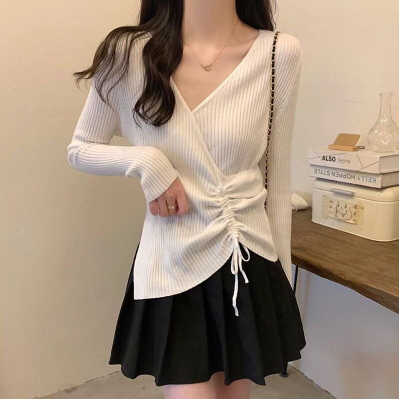 秋冬新款纯欲v领长袖针织打底衫毛衣女内搭设计感抽绳修身上衣潮|undefined
