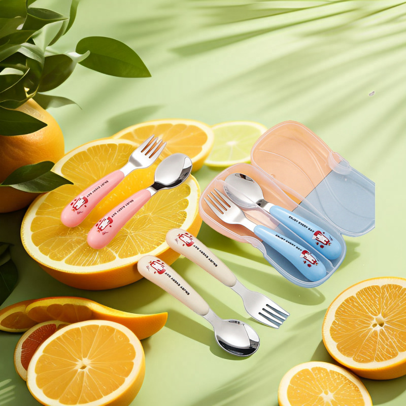 304 Stainless Steel Tableware Set for Infants and Toddlers, Fork and Spoon with Short Handle, Supplementary Food Training, Kidsren's Outdoor Convenient Tableware