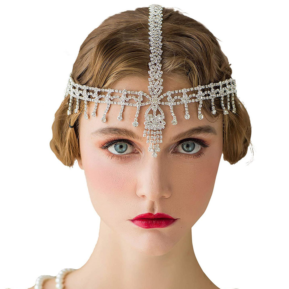 Bridal Rhinestone Forehead Chain With Diamond Tassel Gem Headdress_voghion.com