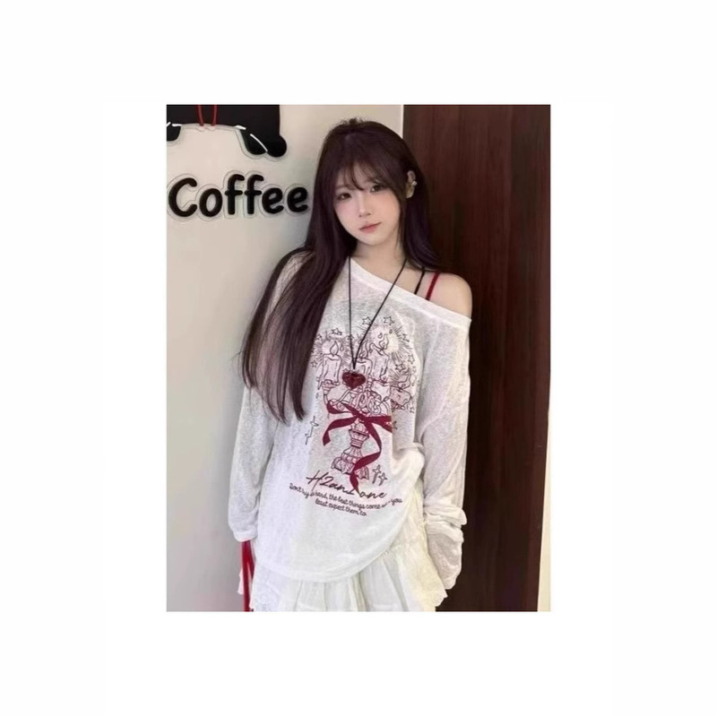 2081 # Fs American Graffiti Printed Slanted Shoulder T-Shirt Women's New Thin Sun Protection Blouse Loose Off-Shoulder Long-Sleeved Top 2081 # Fs American Graffiti Printed Slanted Shoulder T-Shirt Women's New Thin Sun Protection Blouse Loose Off-Shoulder Long-Sleeved Top