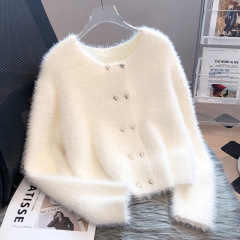 ミンクの毛のカーディガンのセーターの女性の秋冬服の厚い丸首のニットの新型の柔らかいモチモチの学生の洋風のコートをまねます。