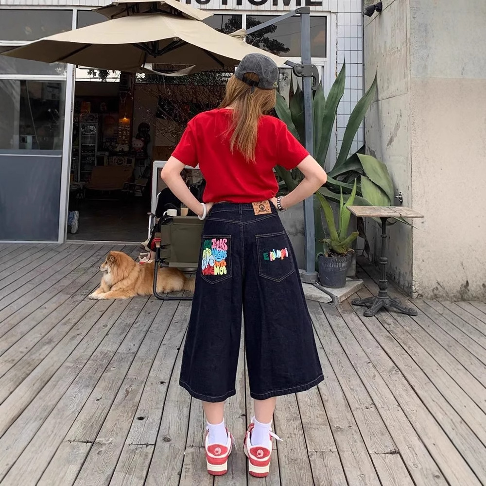 Pantalones cortos de mezclilla con estampado de letras retro americano