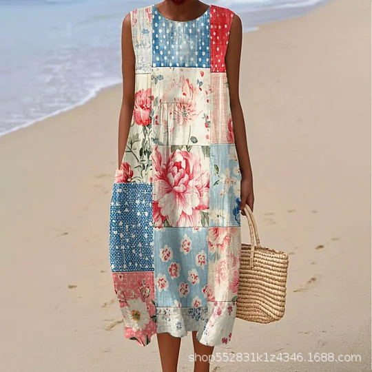 2025 European and American Spring and Summer New Sleeveless Casual Printed Elegant Long Skirt Dress Slim Fit Small Fresh Casual Skirt